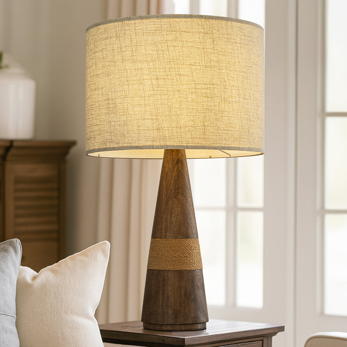 28'' Farmhouse Honey Brown Wood Bedside Table Lamp – Classic Drum Shape Nightstand Lamp with Beige Fabric Shade for Bedroom, Living Room