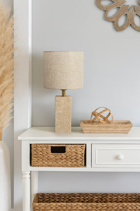 16'' Natural Small Travertine Stone Base Bedside Table Lamp – Modern Rectangular Nightstand Lamp with Beige Linen Shade for Bedroom Living Room Dining Room