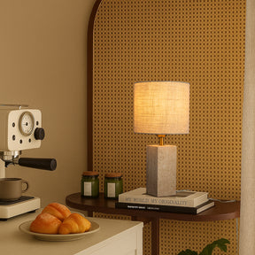16'' Natural Small Travertine Stone Base Bedside Table Lamp – Modern Rectangular Nightstand Lamp with Beige Linen Shade for Bedroom Living Room Dining Room
