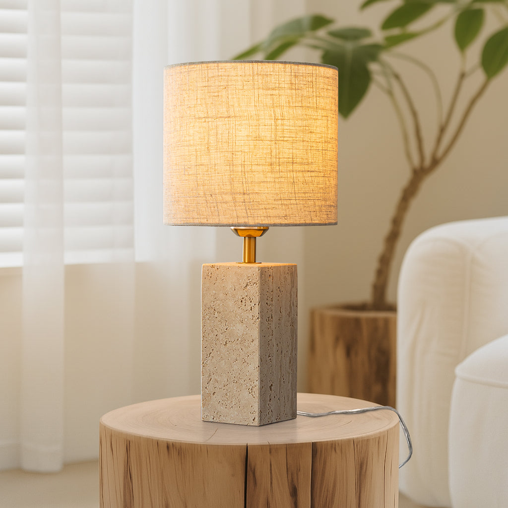 16'' Natural Small Travertine Stone Base Bedside Table Lamp – Modern Rectangular Nightstand Lamp with Beige Linen Shade for Bedroom Living Room Dining Room