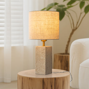 16'' Natural Small Travertine Stone Base Bedside Table Lamp – Modern Rectangular Nightstand Lamp with Beige Linen Shade for Bedroom Living Room Dining Room