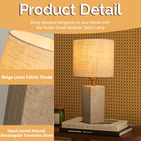 16'' Natural Small Travertine Stone Base Bedside Table Lamp – Modern Rectangular Nightstand Lamp with Beige Linen Shade for Bedroom Living Room Dining Room