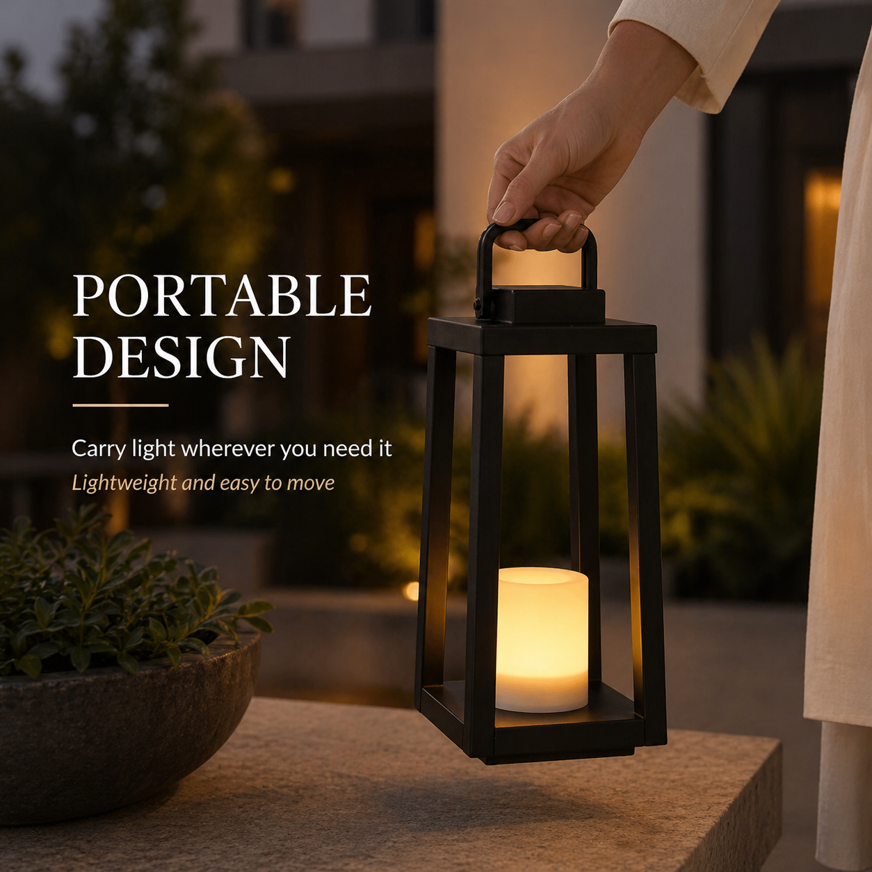 1 Light H16" Modern Matte Black Solar Lantern with Candle Shape Outdoor Light Decorative Portable Hanging LED Lights for Patio Camping