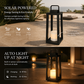 1 Light H16" Modern Matte Black Solar Lantern with Candle Shape Outdoor Light Decorative Portable Hanging LED Lights for Patio Camping