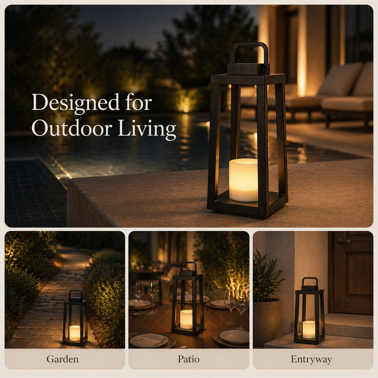 1 Light H16" Modern Matte Black Solar Lantern with Candle Shape Outdoor Light Decorative Portable Hanging LED Lights for Patio Camping