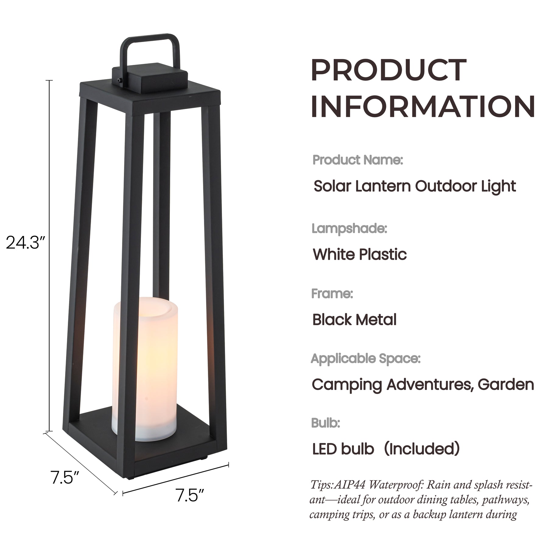 1 Light H24" Modern Matte Black Solar Lantern with Candle Shape Large Outdoor Light Decorative Portable Hanging LED Lights for Patio Camping