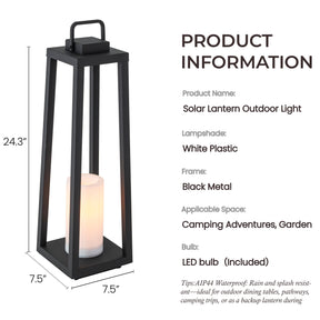1 Light H24" Modern Matte Black Solar Lantern with Candle Shape Large Outdoor Light Decorative Portable Hanging LED Lights for Patio Camping