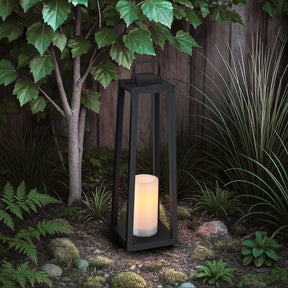 1 Light H24" Modern Matte Black Solar Lantern with Candle Shape Large Outdoor Light Decorative Portable Hanging LED Lights for Patio Camping