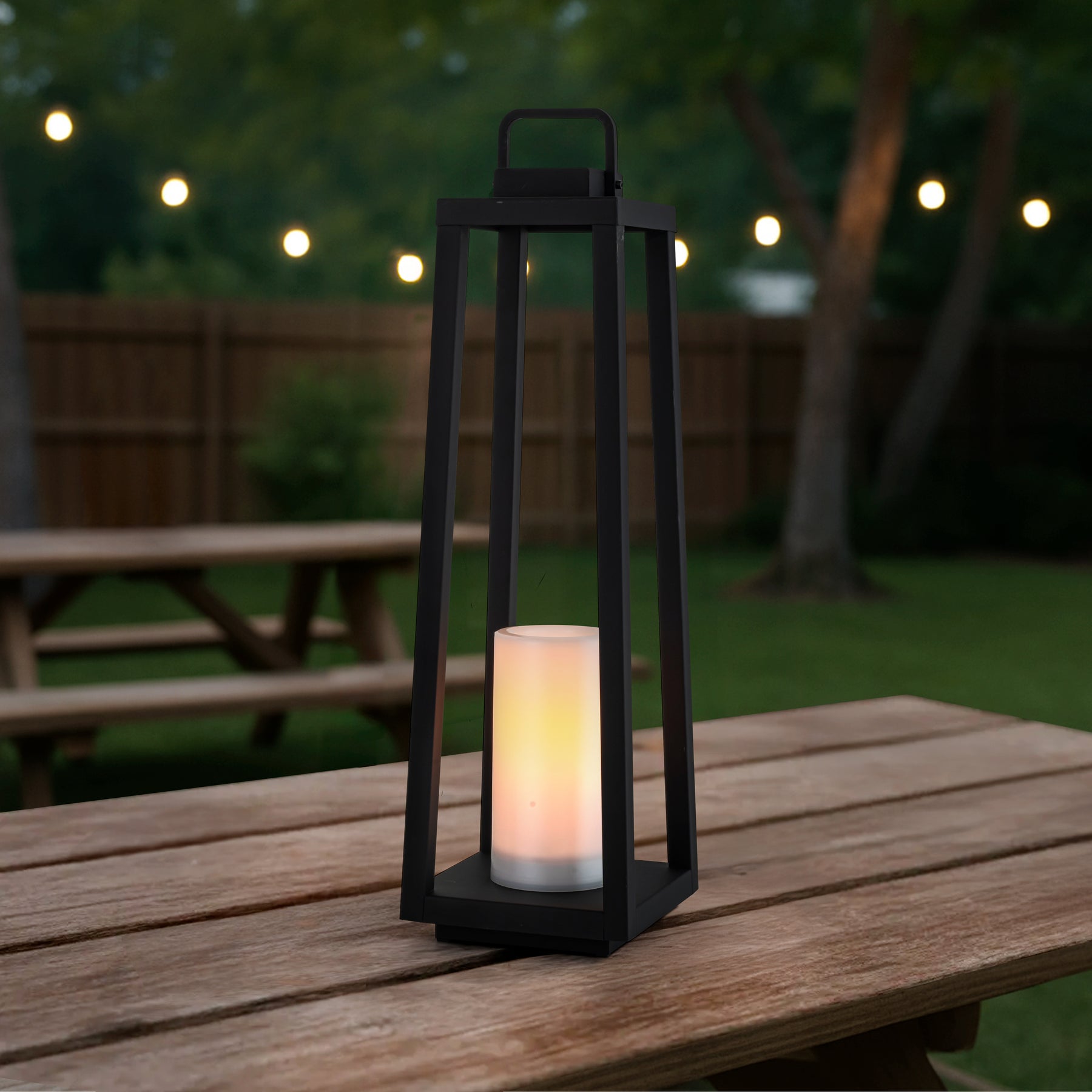 1 Light H24" Modern Matte Black Solar Lantern with Candle Shape Large Outdoor Light Decorative Portable Hanging LED Lights for Patio Camping