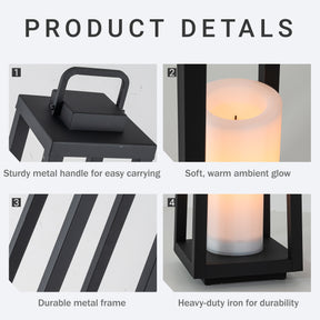 1 Light H24" Modern Matte Black Solar Lantern with Candle Shape Large Outdoor Light Decorative Portable Hanging LED Lights for Patio Camping