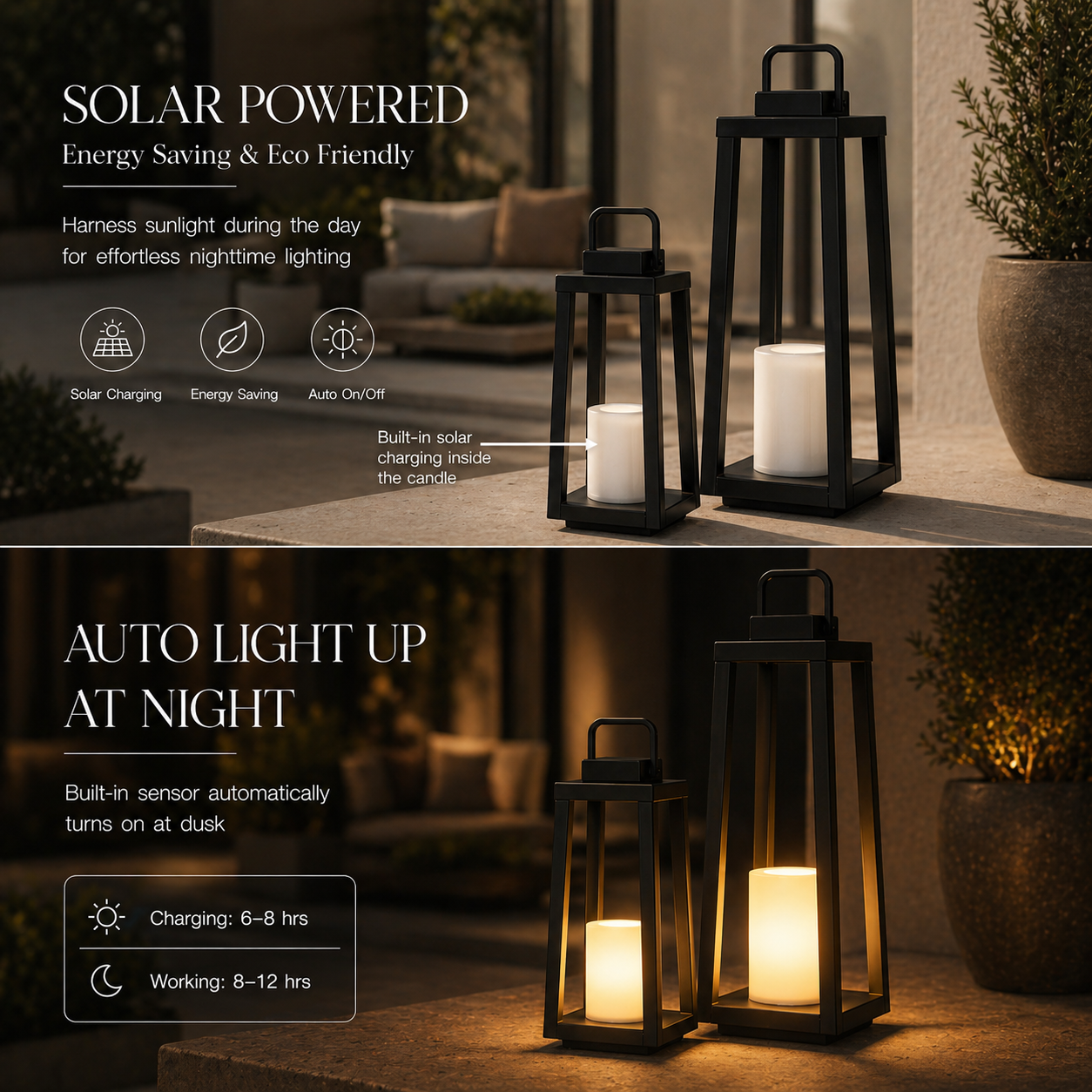 1 Light H24" Modern Matte Black Solar Lantern with Candle Shape Large Outdoor Light Decorative Portable Hanging LED Lights for Patio Camping