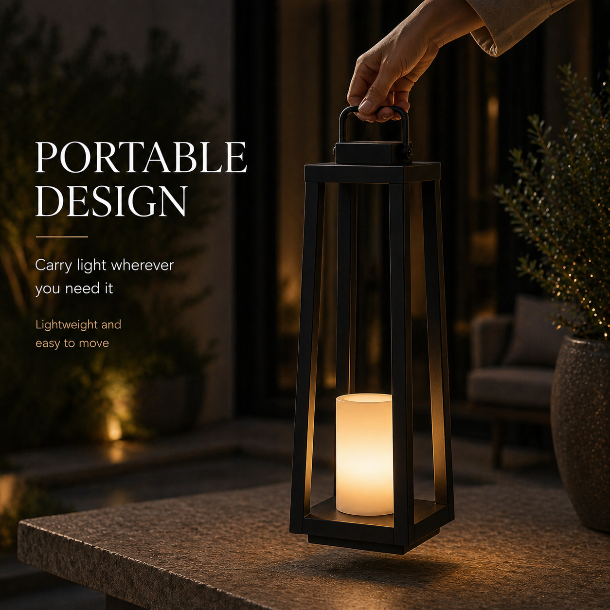 1 Light H24" Modern Matte Black Solar Lantern with Candle Shape Large Outdoor Light Decorative Portable Hanging LED Lights for Patio Camping