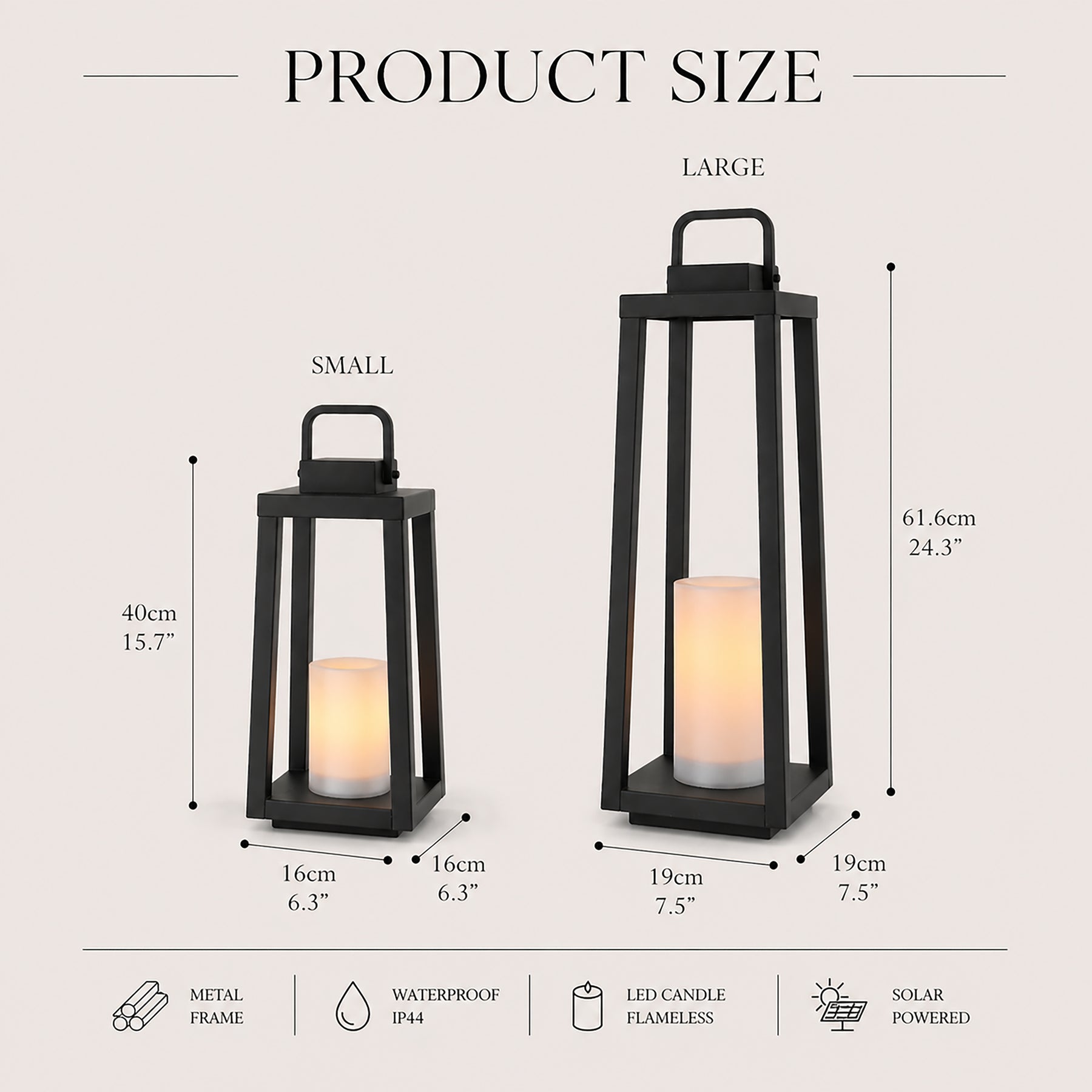 1 Light H24" Modern Matte Black Solar Lantern with Candle Shape Large Outdoor Light Decorative Portable Hanging LED Lights for Patio Camping