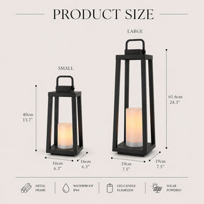 1 Light H24" Modern Matte Black Solar Lantern with Candle Shape Large Outdoor Light Decorative Portable Hanging LED Lights for Patio Camping