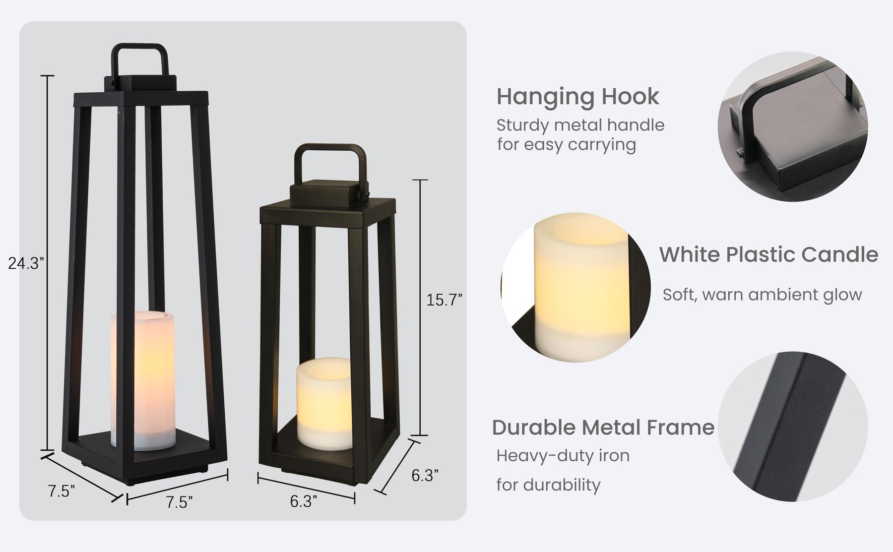 1 Light H24" Modern Matte Black Solar Lantern with Candle Shape Large Outdoor Light Decorative Portable Hanging LED Lights for Patio Camping