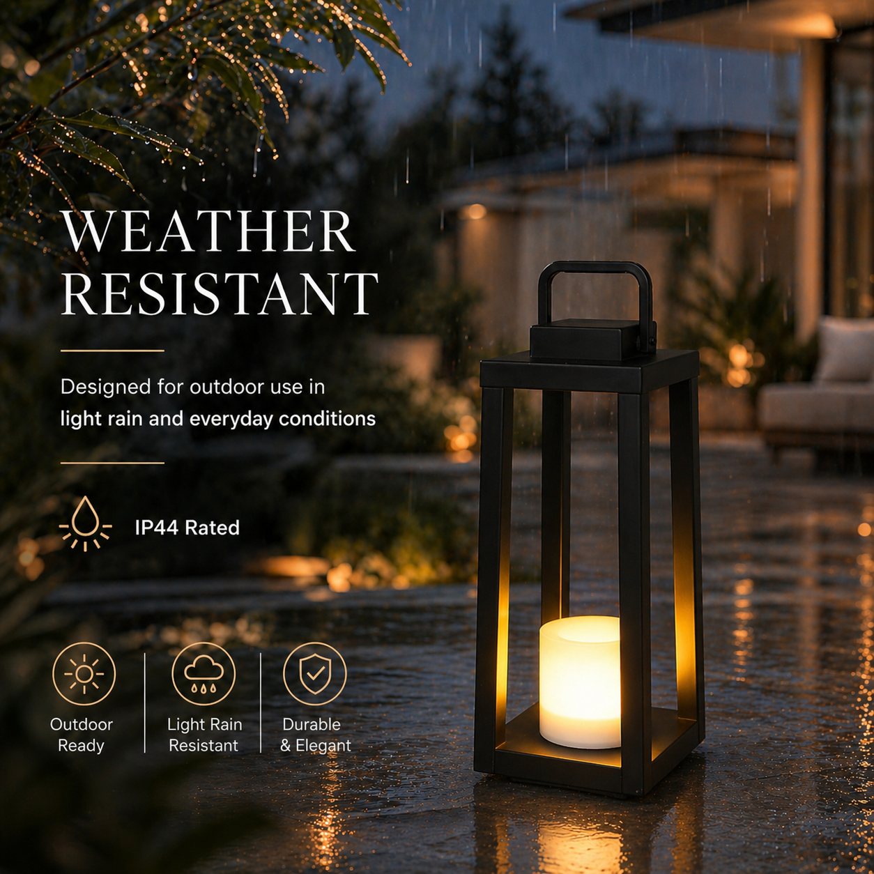 1 Light H16" Modern Matte Black Solar Lantern with Candle Shape Outdoor Light Decorative Portable Hanging LED Lights for Patio Camping