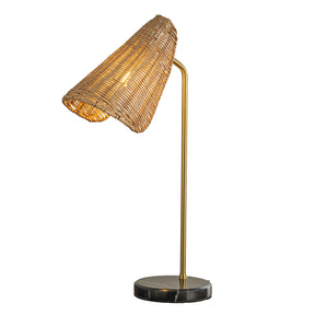 22'' Farmhouse Handwoven Rattan Table Lamp Antique Brass Finish Black Marble Base Rustic Nightstand Lamp For Bedroom Living Room