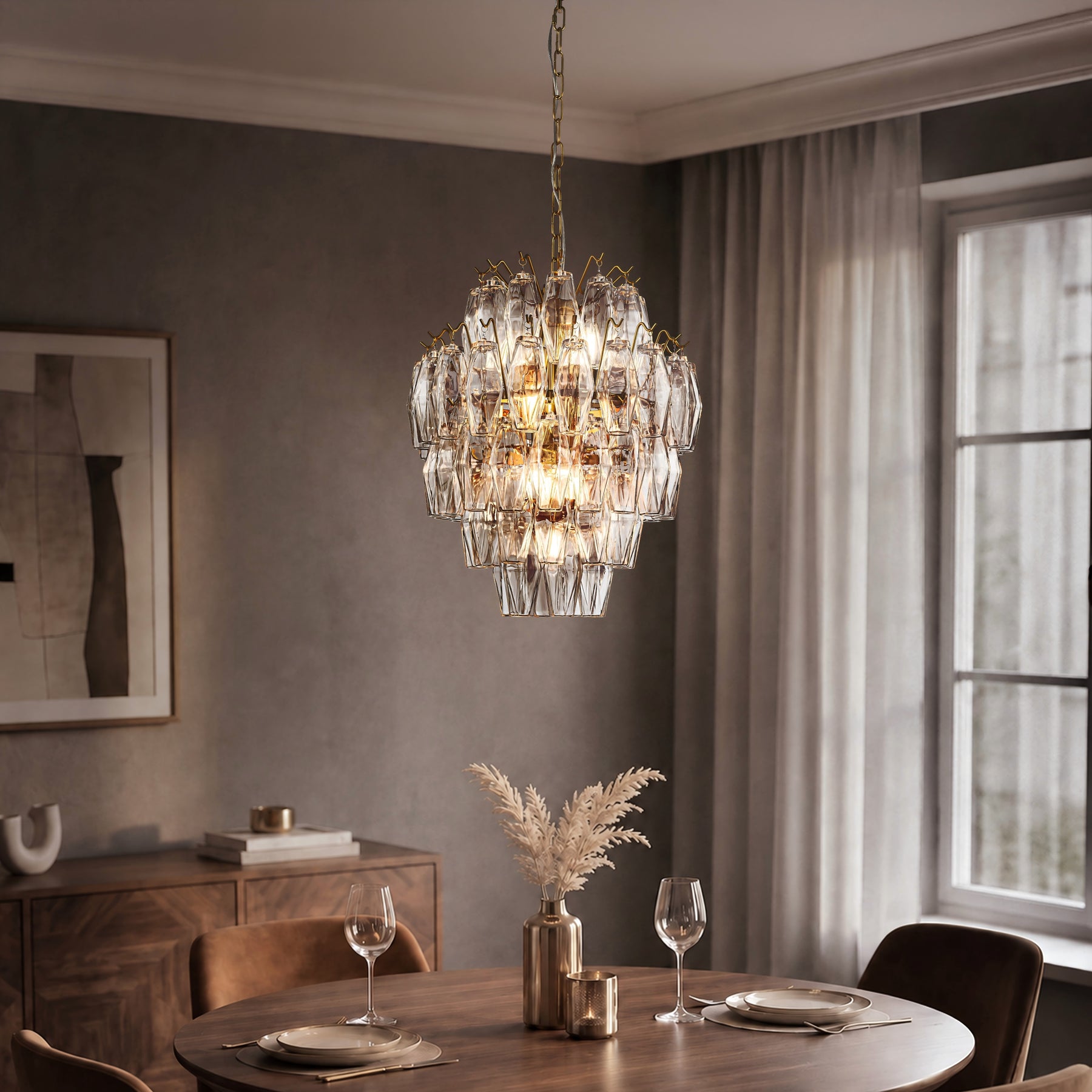 18'' Midcentury Modern Murano Glass Round Chandeliers 6-Light Handblown Glass Pendant Light Fixture Warm Brass Finish For Dining Room Living Room