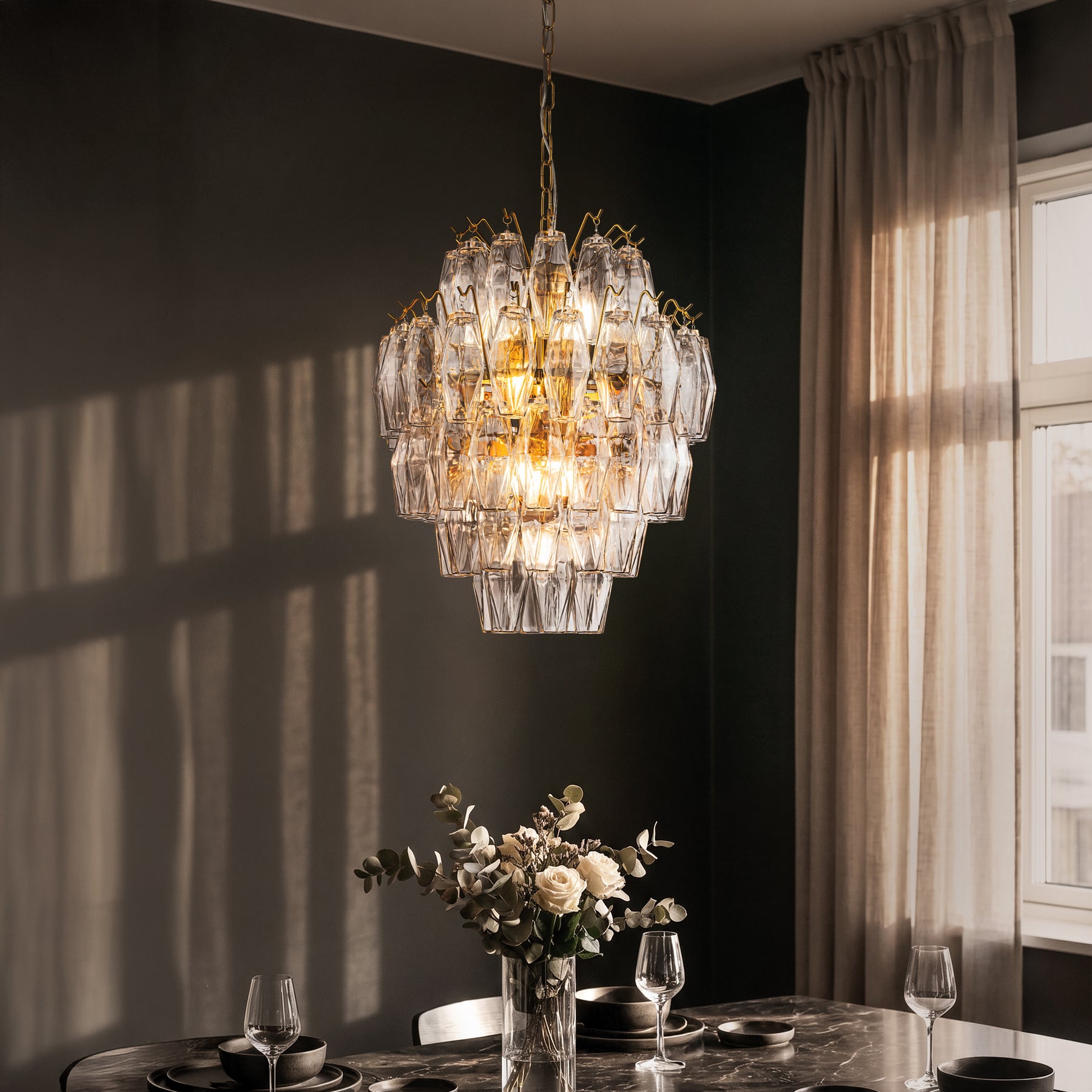 18'' Midcentury Modern Murano Glass Round Chandeliers 6-Light Handblown Glass Pendant Light Fixture Warm Brass Finish For Dining Room Living Room
