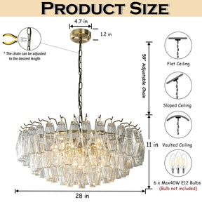28'' Midcentury Modern Murano Glass Round Chandeliers 6-Light Handblown Glass Pendant Light Fixture Aged Bronze Finish For Dining Room Living Room