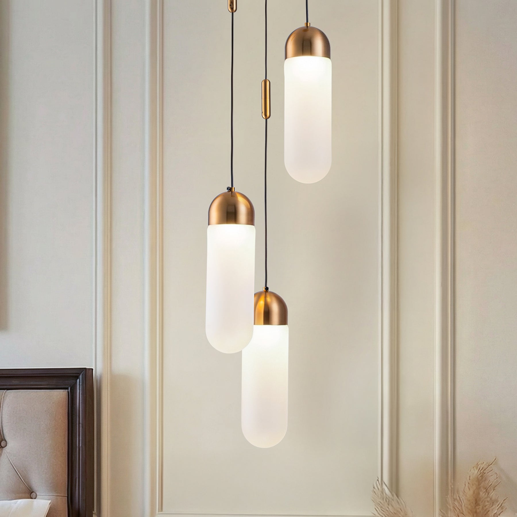 OpenBox 9" Modern 3-Light Seeded Glass Cluster Integrated LED Pendant In Antique Gold Round Ceiling Lamp