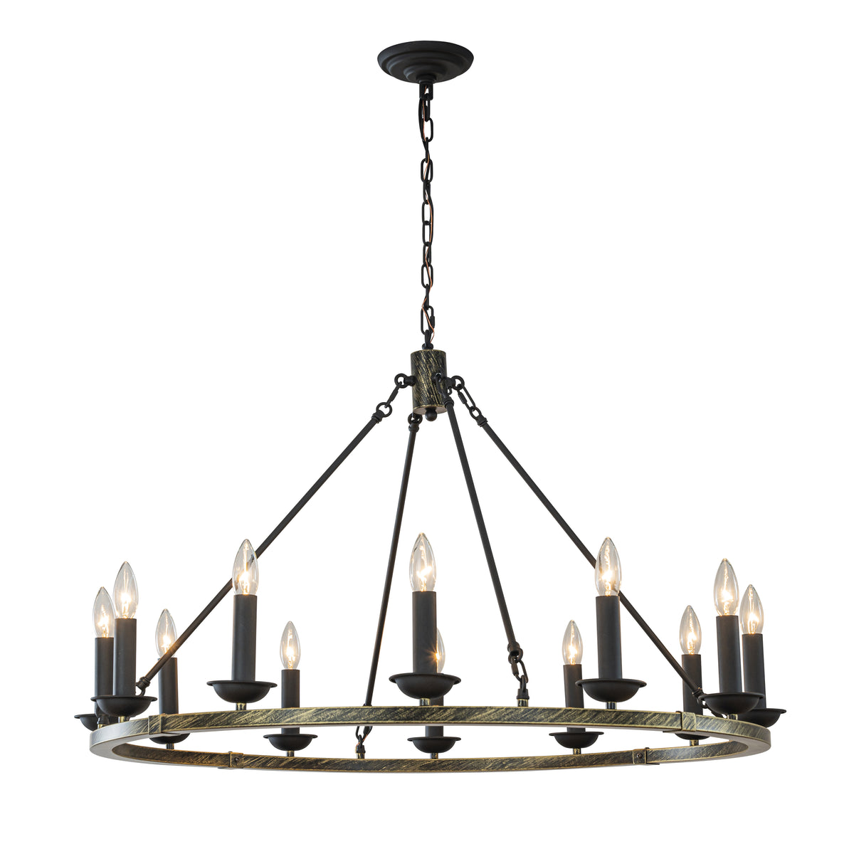 37'' 12-Light Modern Candelabra Chandelier Round Industrial Candle Pendant Lighting In Vintage Brushed Gold Over Black Finish For Living Room Dining Room