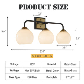 3-Light W22" Modern Elegant Brass And Black Bathrooom Vanity Light with Round Milk White Glass Shades
