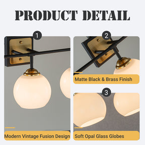 3-Light W22" Modern Elegant Brass And Black Bathrooom Vanity Light with Round Milk White Glass Shades