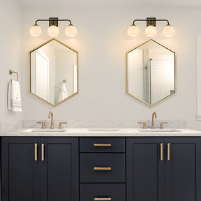 3-Light W22" Modern Elegant Brass And Black Bathrooom Vanity Light with Round Milk White Glass Shades