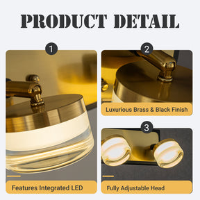W19" 3-Light Modern Integrated LED Bathroom Vanity Light in Black and Brass Finish with White Acrylic Shade Contemporary Adjustable Head Wall Sconce