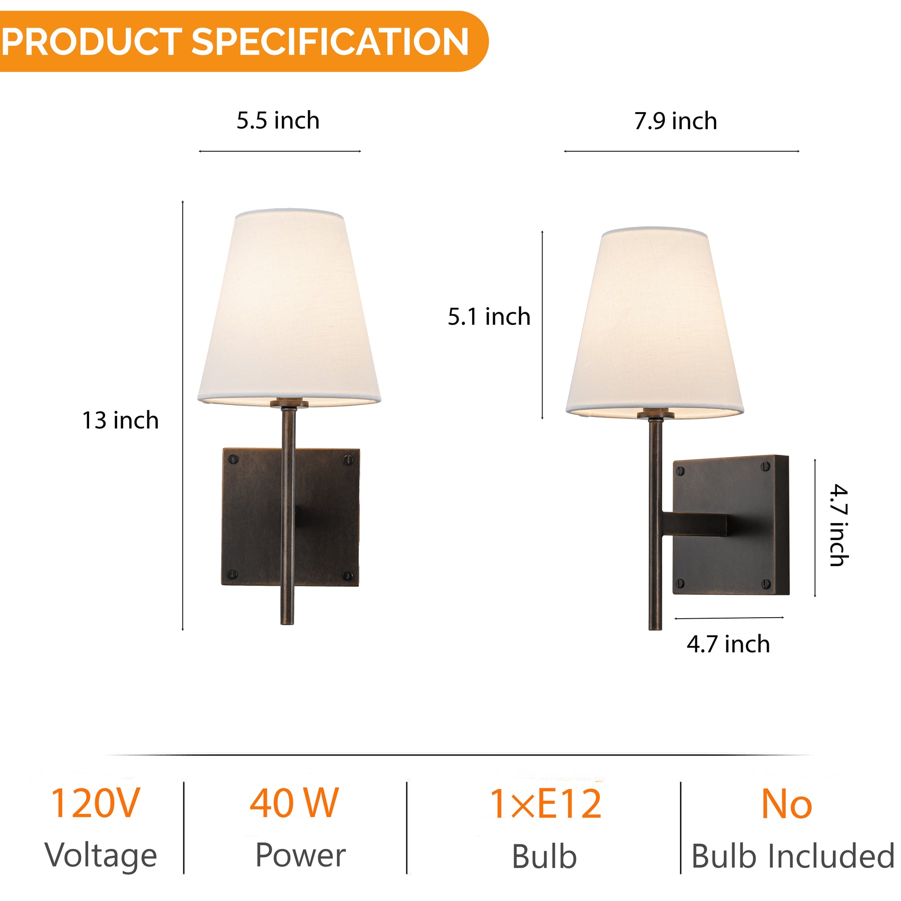 Classic Bronze 13'' Tall 1-Light Fabric Shade Wall Sconces Mondern White Linen Tapered Shade Sconce For Bathroom Mirror Hallway