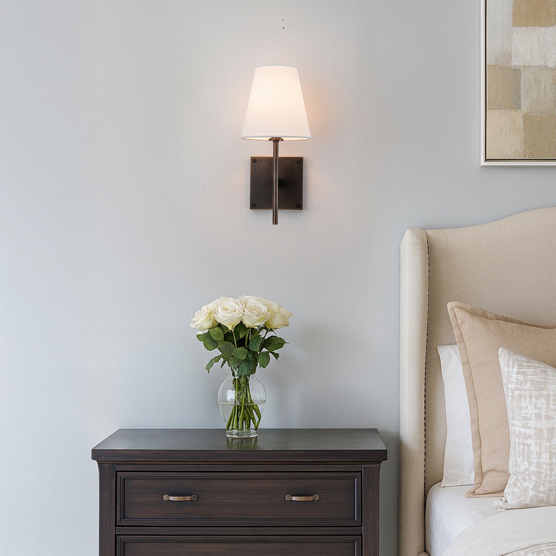 Classic Bronze 13'' Tall 1-Light Fabric Shade Wall Sconces Mondern White Linen Tapered Shade Sconce For Bathroom Mirror Hallway