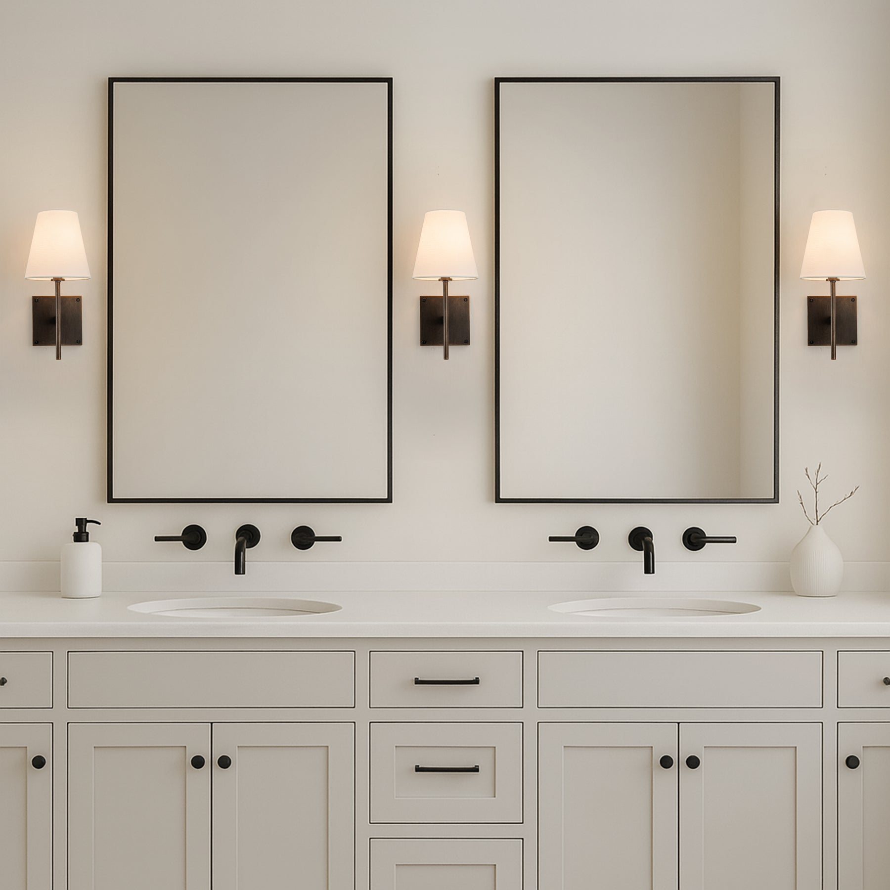 Classic Bronze 13'' Tall 1-Light Fabric Shade Wall Sconces Mondern White Linen Tapered Shade Sconce For Bathroom Mirror Hallway