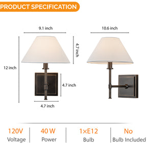 Modern Bronze 12'' Tall 1-Light Fabric Shade Wall Sconces Farmhouse White Linen Tapered Shade Sconce For Bathroom Mirror Hallway