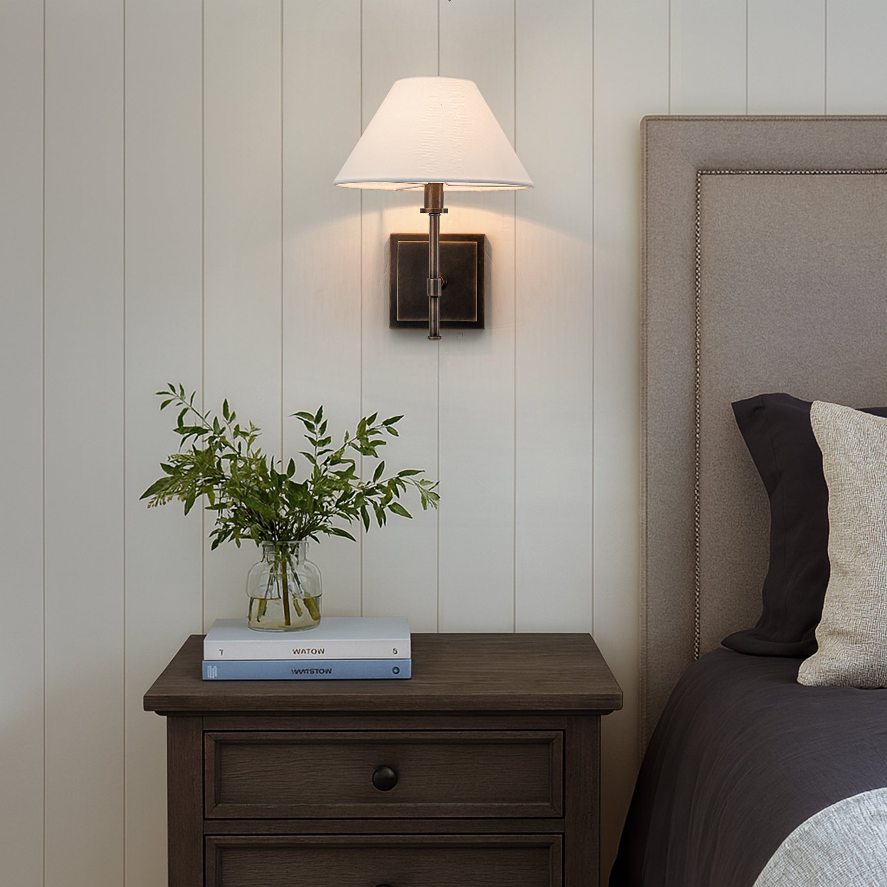 Modern Bronze 12'' Tall 1-Light Fabric Shade Wall Sconces Farmhouse White Linen Tapered Shade Sconce For Bathroom Mirror Hallway