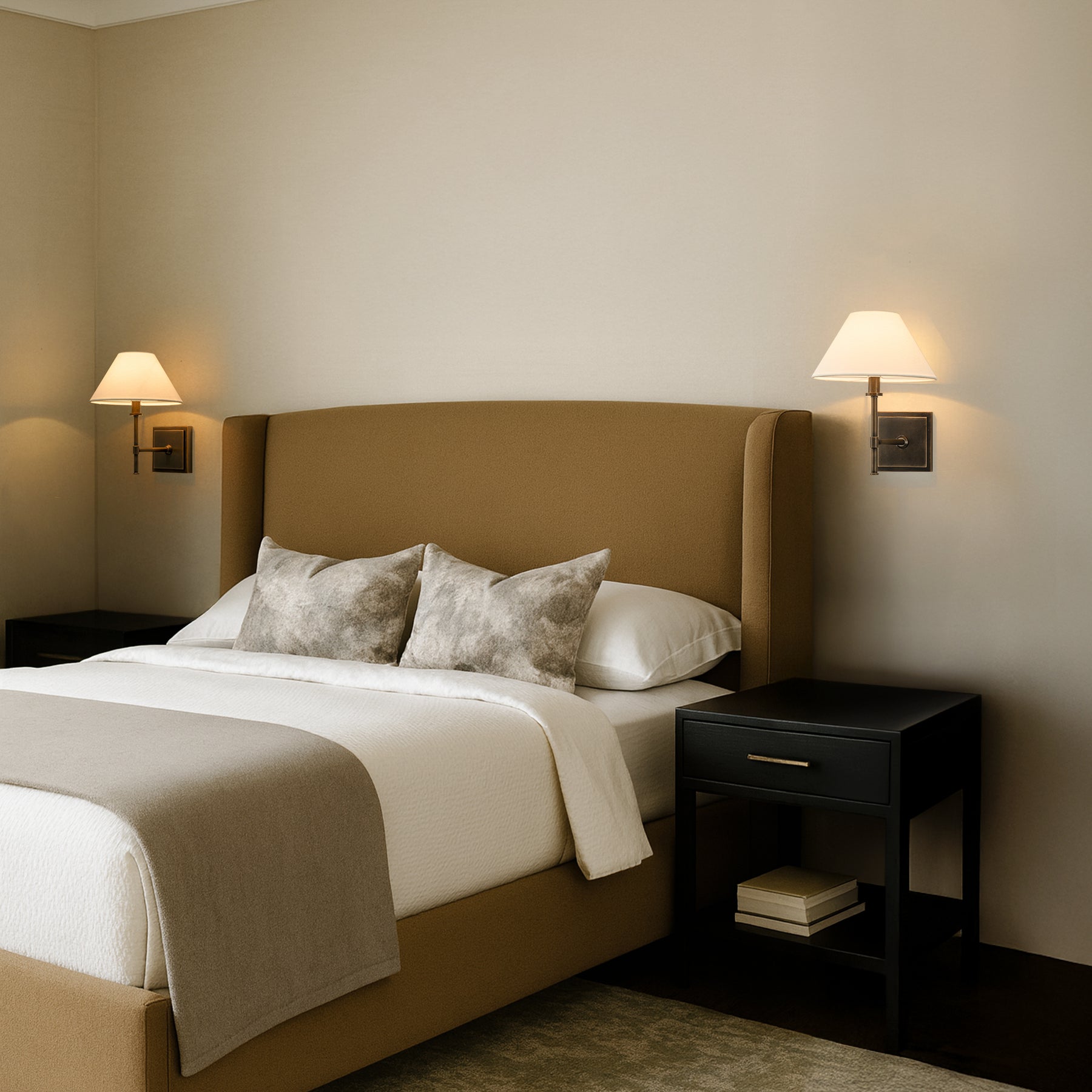 Modern Bronze 12'' Tall 1-Light Fabric Shade Wall Sconces Farmhouse White Linen Tapered Shade Sconce For Bathroom Mirror Hallway