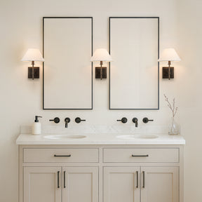 Modern Bronze 12'' Tall 1-Light Fabric Shade Wall Sconces Farmhouse White Linen Tapered Shade Sconce For Bathroom Mirror Hallway