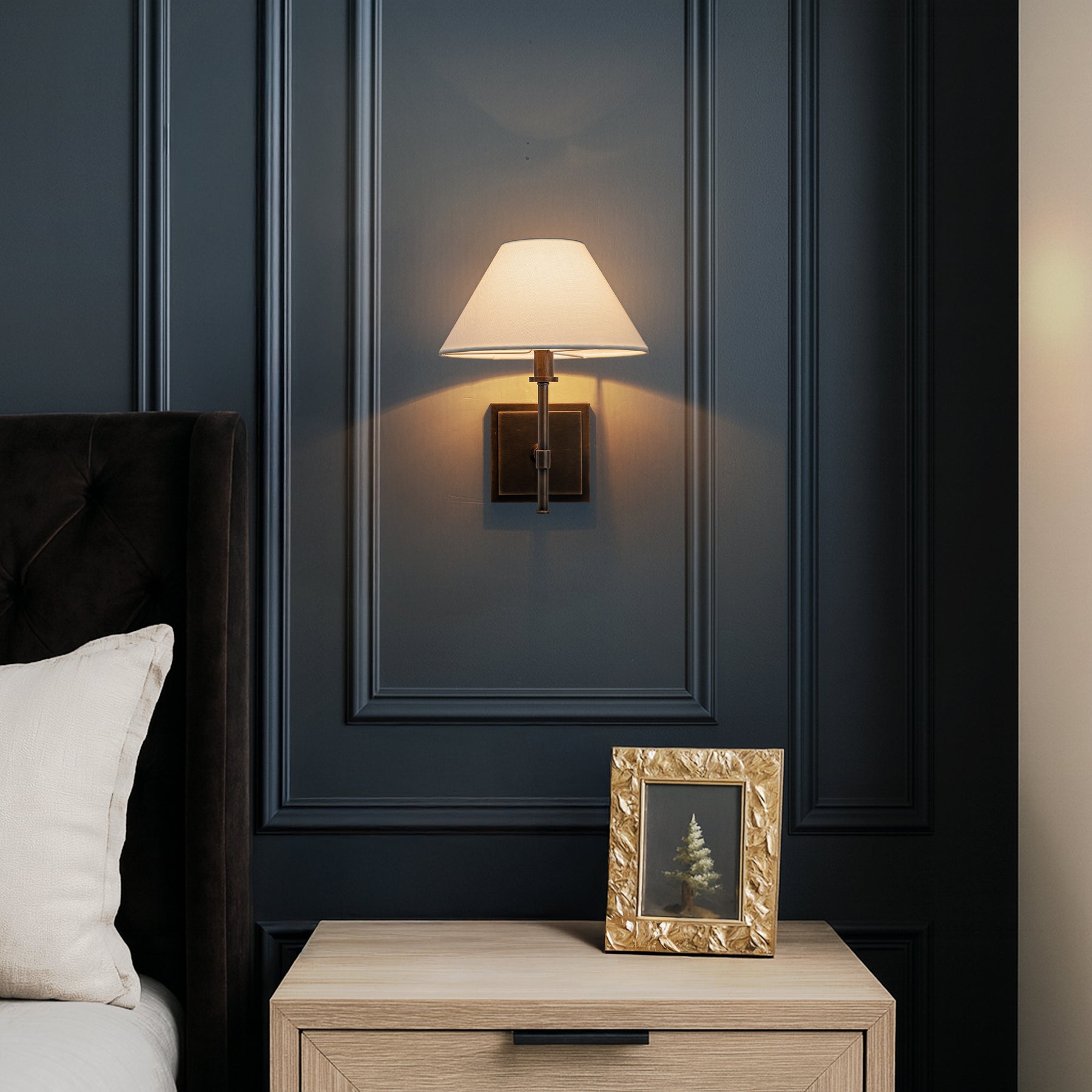 Modern Bronze 12'' Tall 1-Light Fabric Shade Wall Sconces Farmhouse White Linen Tapered Shade Sconce For Bathroom Mirror Hallway