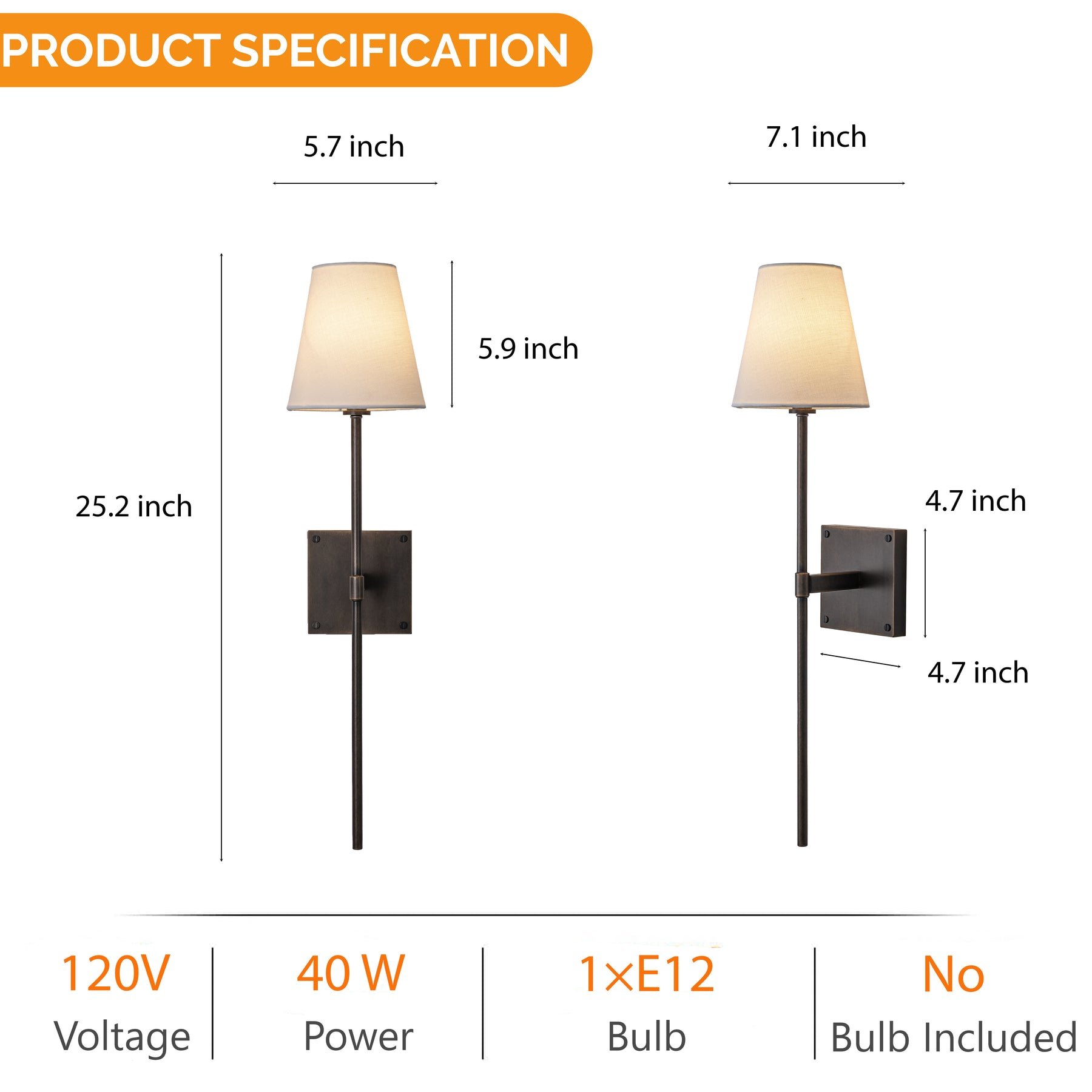 25" Tall Transitional Wall Sconce in Bronze with White Linen Shade Modern Farmhouse Fabric Wall Light Fixture for Bedside Hallway Bathroom