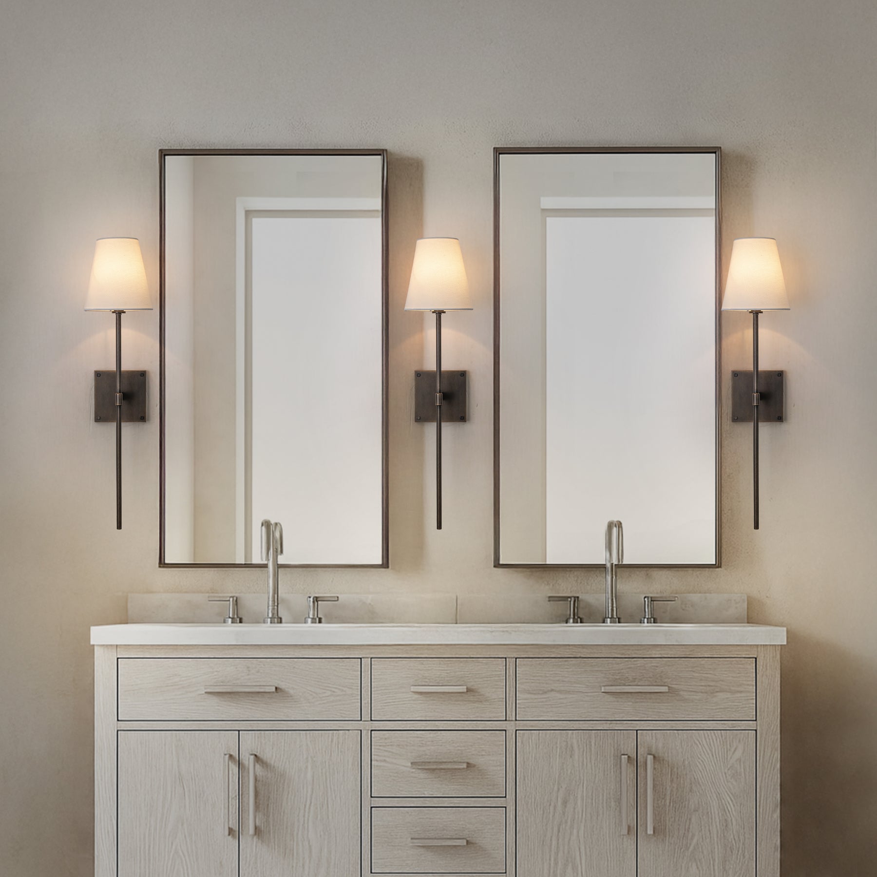 25" Tall Transitional Wall Sconce in Bronze with White Linen Shade Modern Farmhouse Fabric Wall Light Fixture for Bedside Hallway Bathroom