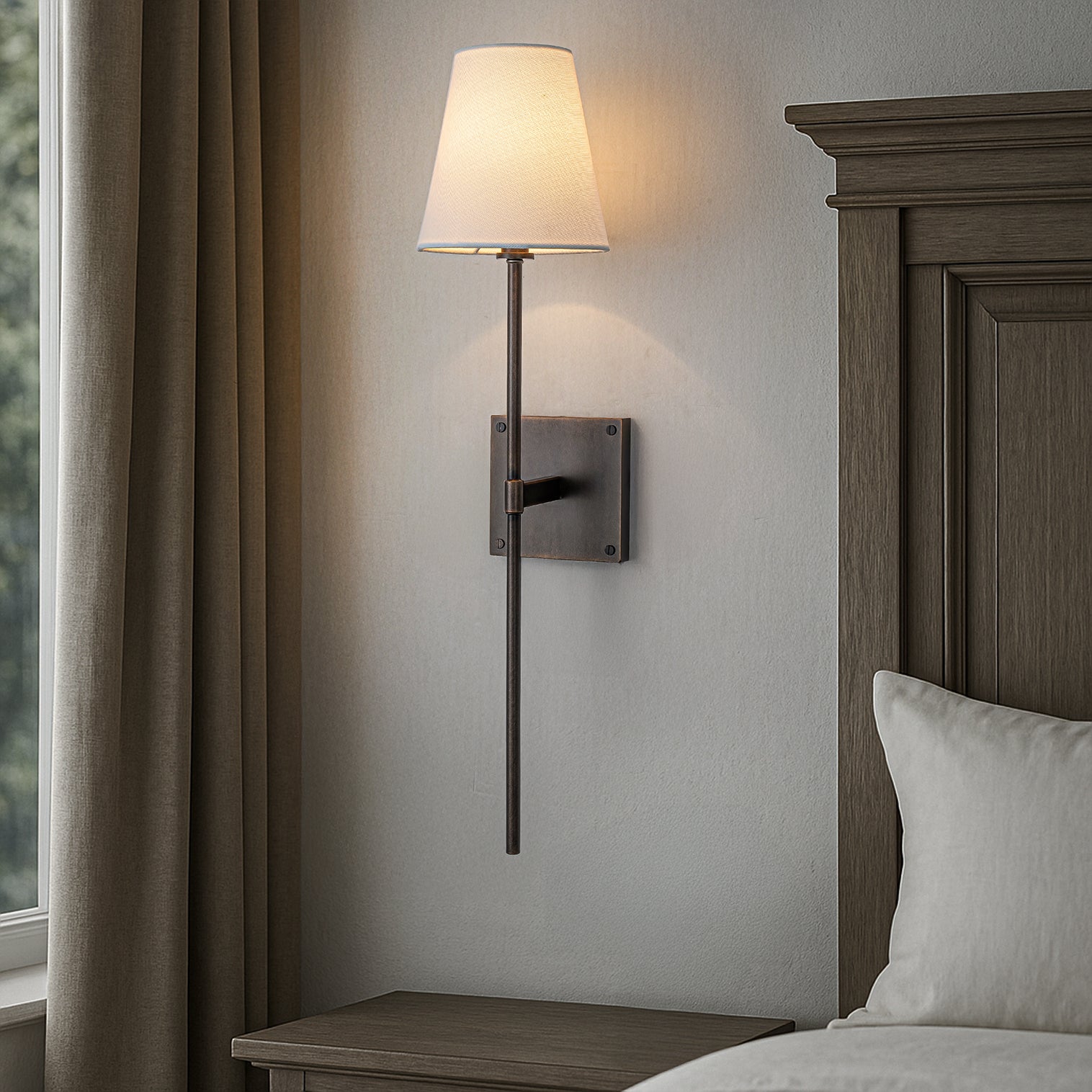 25" Tall Transitional Wall Sconce in Bronze with White Linen Shade Modern Farmhouse Fabric Wall Light Fixture for Bedside Hallway Bathroom