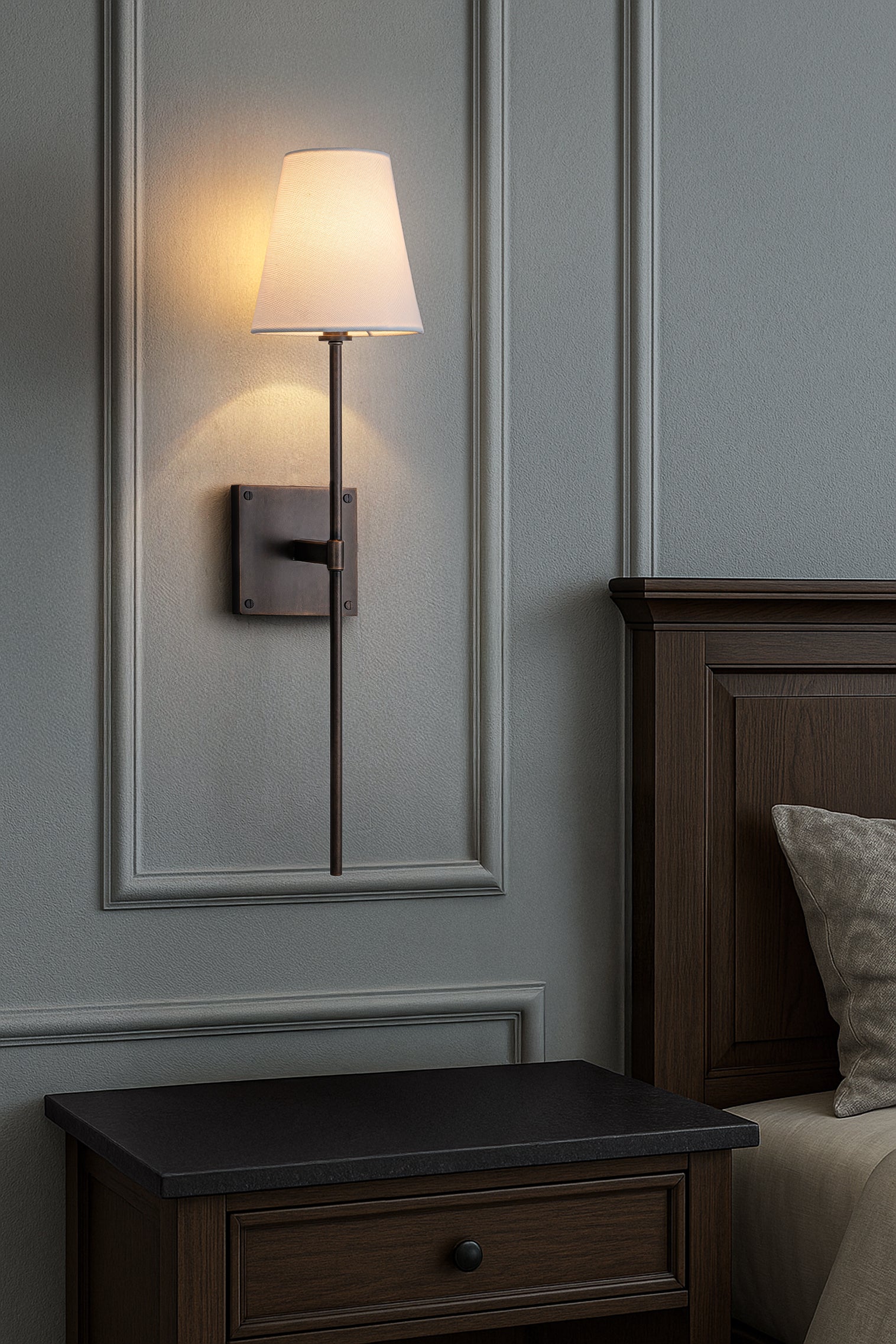 25" Tall Transitional Wall Sconce in Bronze with White Linen Shade Modern Farmhouse Fabric Wall Light Fixture for Bedside Hallway Bathroom