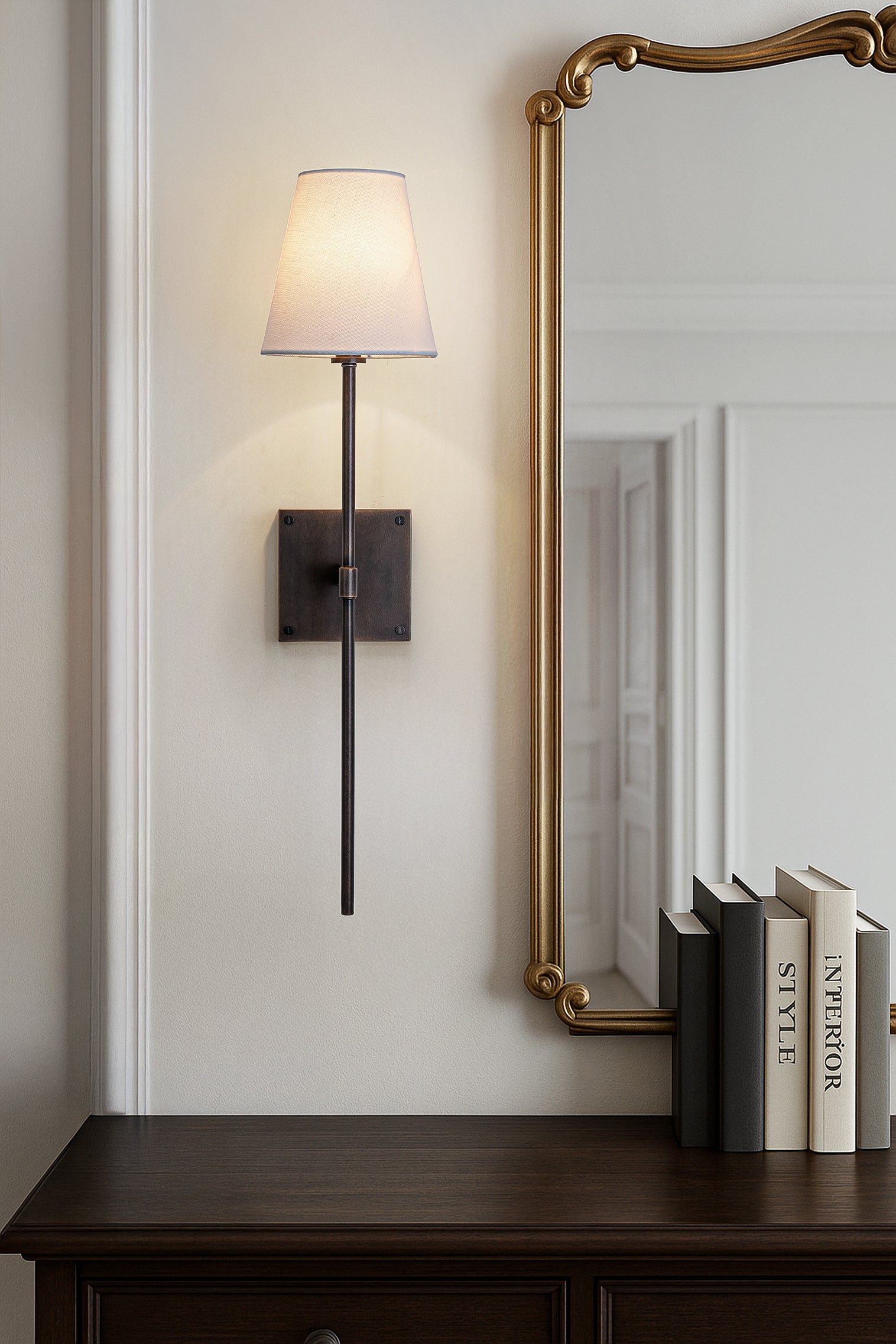 25" Tall Transitional Wall Sconce in Bronze with White Linen Shade Modern Farmhouse Fabric Wall Light Fixture for Bedside Hallway Bathroom