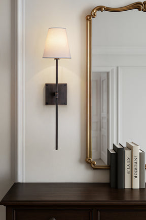 25" Tall Transitional Wall Sconce in Bronze with White Linen Shade Modern Farmhouse Fabric Wall Light Fixture for Bedside Hallway Bathroom