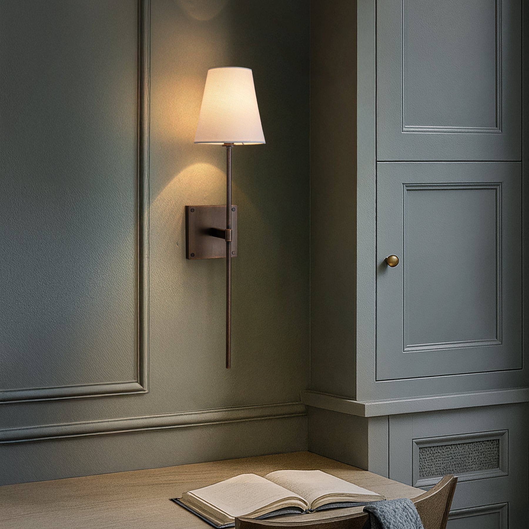 25" Tall Transitional Wall Sconce in Bronze with White Linen Shade Modern Farmhouse Fabric Wall Light Fixture for Bedside Hallway Bathroom