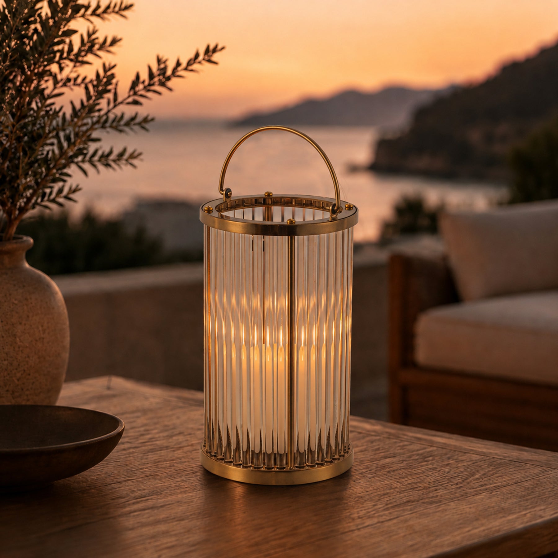 H12 in. Indoor Decorative Warm Brass Metal and Glass Rod Lantern with USB-C Rechargeable Flameless Candle for Dining Table