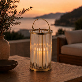 H12 in. Indoor Decorative Warm Brass Metal and Glass Rod Lantern with USB-C Rechargeable Flameless Candle for Dining Table
