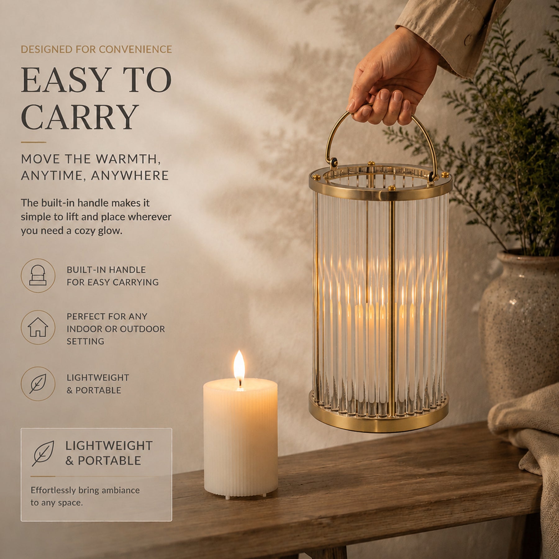 H12 in. Indoor Decorative Warm Brass Metal and Glass Rod Lantern with USB-C Rechargeable Flameless Candle for Dining Table
