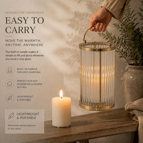 H12 in. Indoor Decorative Warm Brass Metal and Glass Rod Lantern with USB-C Rechargeable Flameless Candle for Dining Table