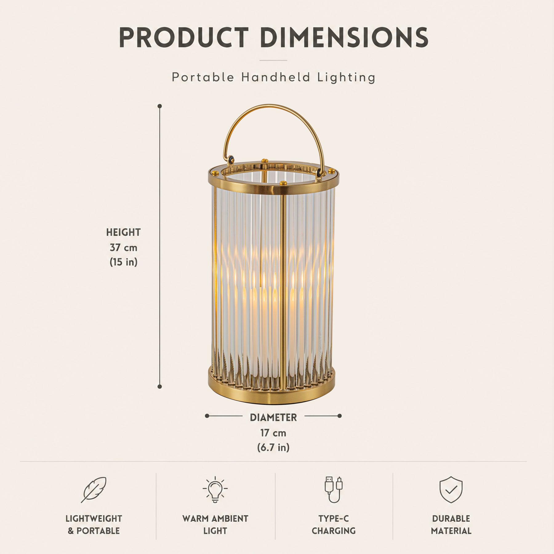 H12 in. Indoor Decorative Warm Brass Metal and Glass Rod Lantern with USB-C Rechargeable Flameless Candle for Dining Table